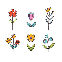 Six colorful cartoon flowers, simple line art style, floral design elements. Various flowers, nature icons, plant illustrations, bright colors, leaves. Botanical artwork, isolated white background