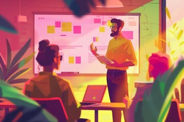 Business illustration of a content marketing specialist, enhancing brand stories in minimal styles with blur background, at a creative workshop, Sharpen banner with copy space