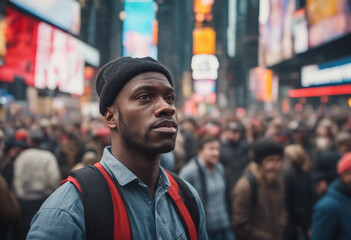 Fototapeta premium portrait of American worker making among crowded demonstrators at times square, copy space for a text