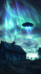 Extraterrestrial Encounter: Aurora-lit Sky with Hovering UFO and Aliens in a Rural Landscape