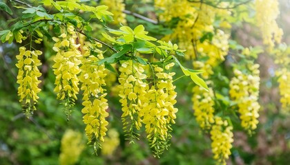 close up of a blooming branch of yellow flowers of golden chain tree botanically known as laburnum