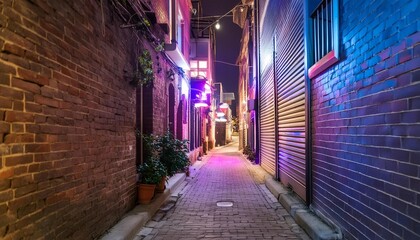 a back alley with neon light at night