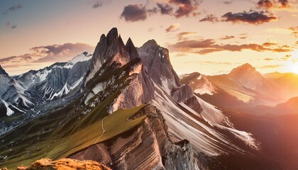 mountain majesty rugged beauty of a mountain peak at sunset