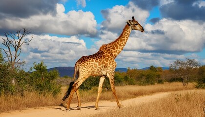 south african giraffe giraffa giraffa giraffa or cape giraffe walking on the savanna with a blue sky with clouds in kruger national park in south africa