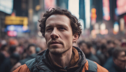 Obraz premium portrait of American worker making among crowded demonstrators at times square, copy space for a text