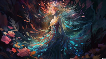 A stunning illustration of a mystical forest nymph, radiating ethereal light in the darkness, surrounded by vibrant bioluminescent flora, her flowing robes adorned with shimmering crystals, evoking a 