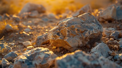 A large rock sits in the middle of a desert with the sun rising in the background. AIG51A. - Powered by Adobe