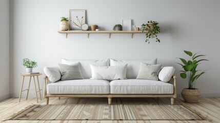 White living room interior with sofa, side view, carpet on hardwood floor. Shelf and coffee table with decoration.