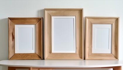 three large wooden frame mockups in sizes 50x70 20x28 a3 a4 displayed on a white wall the frames have a clean modern and minimal design