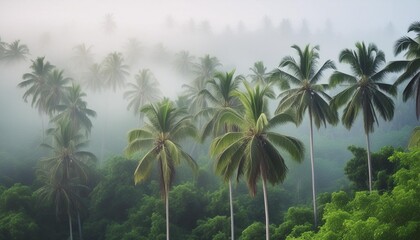 tropical jungle in the fog palms in the morning