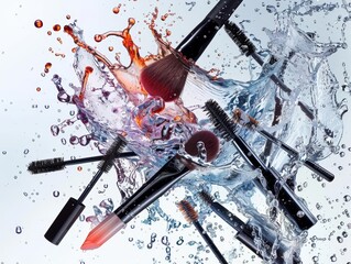 Mascaras and brow products combine in a flying cosmetic explosion with water splash