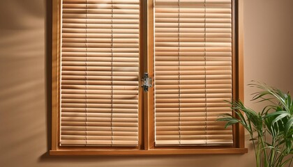 window with wooden blinds is shown against a brown wall