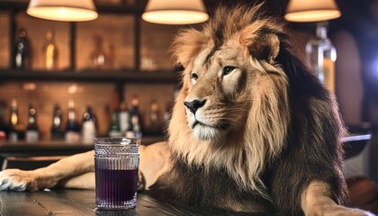 dapper lion enjoying a drink at the bar generative ai