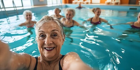 Fototapeta premium Smiling senior woman takes selfie indoor swimming pool during aerobic class session with friends