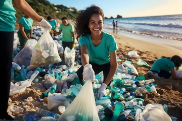 Diverse multicultural students volunteer cleaning up beach from plastic waste at sea shore, environmental protection, trash collection