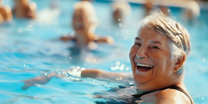 Smiling senior woman enjoys lively conversation outdoor swimming pool session on sunny day