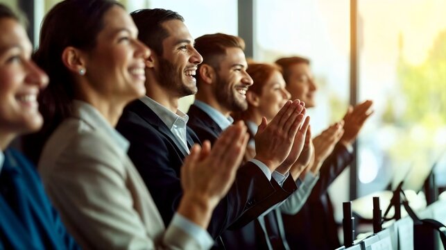 Group of business people clapping and applauding during office conference presentation or training