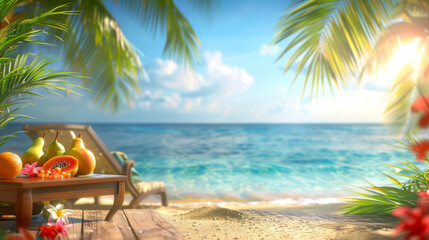 Obraz premium Relaxing beachfront scene featuring a wooden table with fresh fruits, flanked by palm fronds with a serene ocean backdrop.