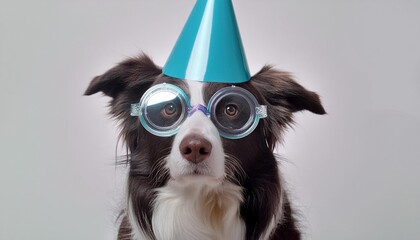happy birthday party concept funny cute puppy dog border collie wearing birthday silly hat and eyeglasses isolated on white background pet dog on birthday day and copy space generative ai