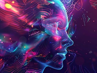 The unexpected mingling of art and computer science leads to the creation of a unique AI that paints dreams HUD icon of artificial intelligence in synth wave colors