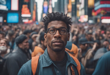 portrait of American worker making among crowded demonstrators at times square, copy space for a...