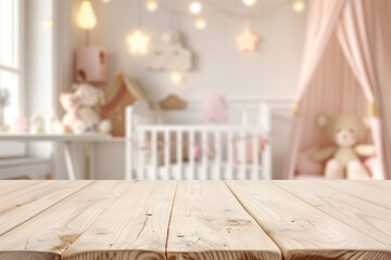Fototapeta na wymiar Beautifully blurred background of an empty wooden table in the foreground and pastel baby girl nursery interior with white crib on bokeh lights backdrop. The banner for product display presentation.