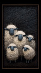 Fototapeta premium Funny Sheep made of white wool. Humorous family of five toy sheep at night. Sleepless night counting cute sheep funny 3D illustration 