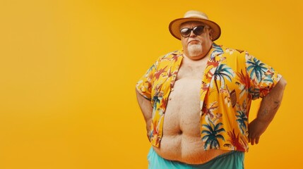 Obraz premium fat man in summer vacation clothes on bright yellow background in high resolution and high quality