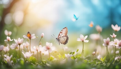 art beautiful blurred spring background nature with blooming glade butterfly and blue sky on a sunny day generative ai