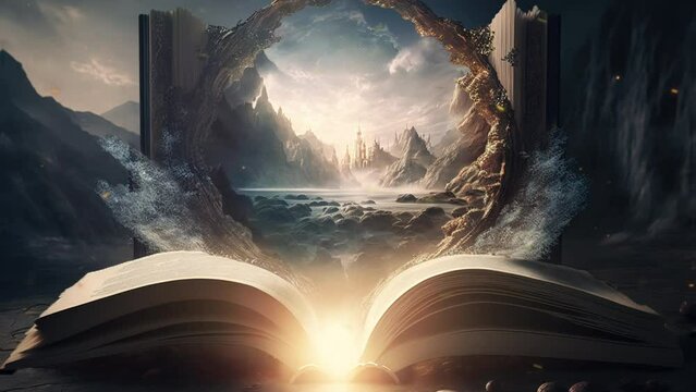 BIble Book of Creation with Fantasy and Magic Literature Religion Concept Open Learn Page Imagination Education Study Knowledge Wisdom Light Idea School Read Magical Universe Abstract Story Christian - Powered by Adobe