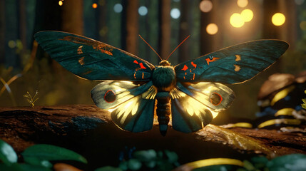 Beautiful butterfly with fireflies in a forest Generative Ai