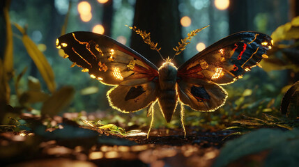 Beautiful butterfly with fireflies in a forest Generative Ai