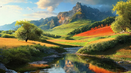 Landscape of beautiful fields and mountains and rivers Generative Ai