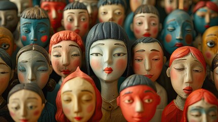 Obraz premium Group of Diverse Crowd Faces, Wooden Sculpture Art, Person Background, Diversity Portrait Backdrop, Authentic People