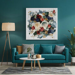 flowers Painting , wall art poster with blue living room background with 2 chairs, 3d illustration ,modern living room decoration.