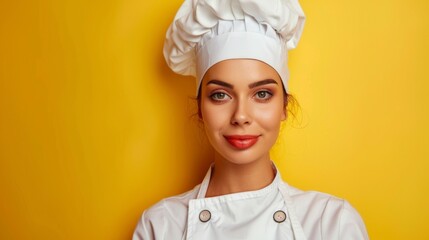 cute chef woman with white hat on bright yellow background in high resolution and quality