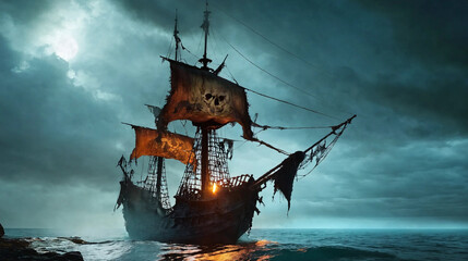 Old pirate ship on the high seas in the storm Generative Ai