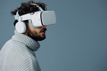 Man wearable tech reality entertainment beard glasses device virtual digital goggles innovation vr...
