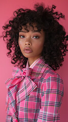 portrait of a girl wearing a pink checkered jacket 