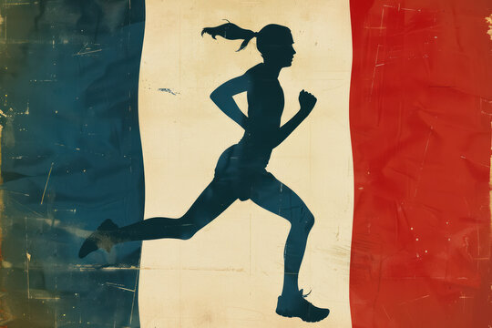 vintage silhouette of a runner against french flag, olympic spirit