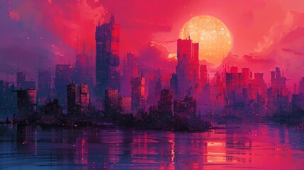 Transform a panoramic view of a Cyberpunk cityscape into a surreal masterpiece, combining glitch art elements, intricate details, and hidden surprises waiting to be discovered by the viewer, using a m