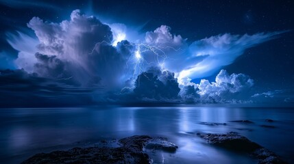 Naklejka premium Tunderstorm at a cloudy Night above sea