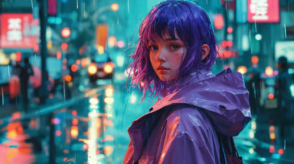 A stunning girl with violet hair and cape in the rain Generative Ai
