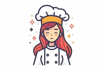 Cheerful vector illustration of a female chef wearing a toque, surrounded by lively culinary symbols, symbolizing joy and love for cooking