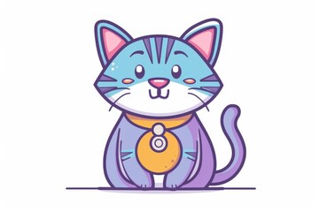 Obraz premium Charming digital drawing of a happy cartoon cat with vibrant blue fur and an adorable yellow necklace, exuding a joyful atmosphere