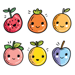 Six cute fruits smiling faces, colorful cartoon characters. Strawberry, orange, apple drawn kawaii expressions, cheerful food illustrations. Handdrawn style cute fruits isolated white background