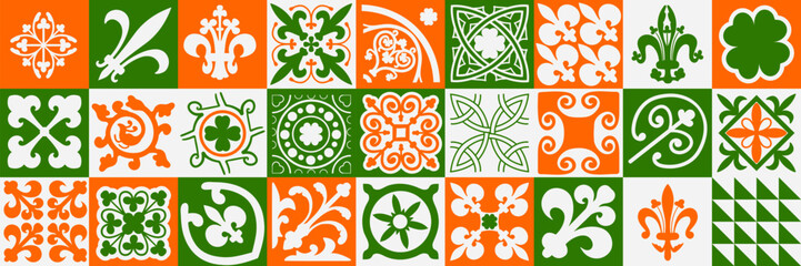 A vibrant collection of 27 ceramic tiles in an ethnic Irish style. Vibrant square floor tiles with Celtic knots and motifs. Seamless colorful patchwork tile pattern. Tribal folk ornament on wall tiles