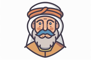 Illustration of a wise arabian elder in a colorful traditional turban and beard, showcasing cultural diversity in a welcoming, approachable style