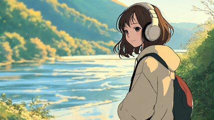 Girl with short hair wearing headphones and sweatshirt looking at the landscape Generative Ai