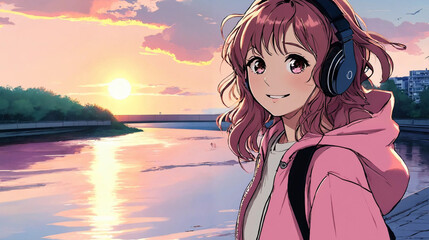 Girl with red hair smiling against the background of the pink sky Generative Ai